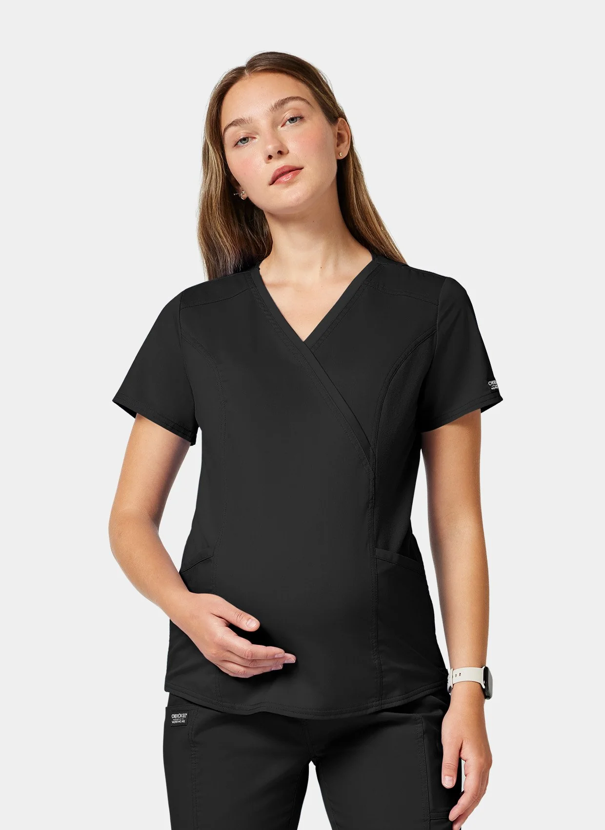 Cherokee WW Revolution Maternity Mock Wrap Scrub Top WWE688 - Black - Image 3
